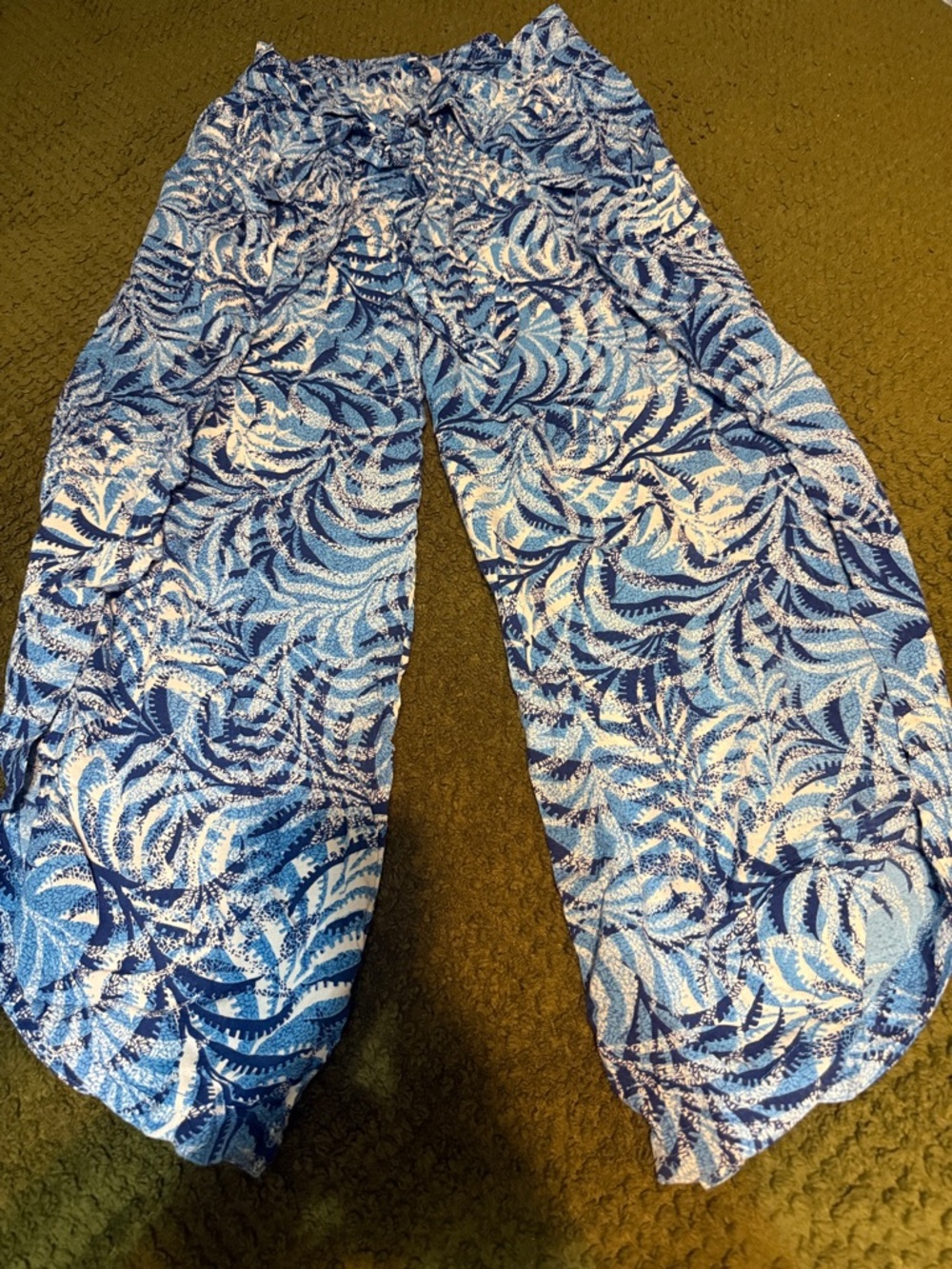 blue island Wide Leg Pants in Blue and White Leaf Print